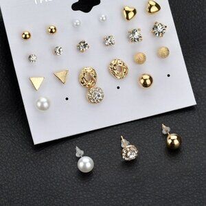 😍12 PAIR 14K GOLD SILVER SIMPLE CLASSIC CRYSTAL PEARL SPARK STUD EARRINGS, F273